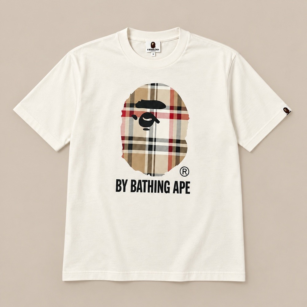 A Bathing Ape Mens T-Shirt Size M Cream Plaid Ape Head Logo Streetwear Tee